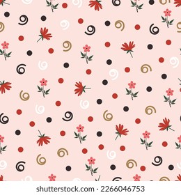 Dainty floral seamless surface pattern design. Aesthetic bunch of blooming flowers and polka dots. Allover printed flowery texture with pink background. Exquisite tileable floral arrangement. 