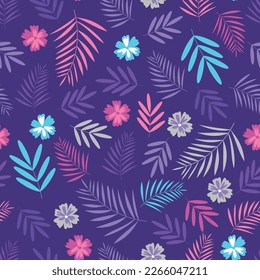 Dainty floral seamless surface pattern. Aesthetic bunch of blooming scandi wildflowers and palm leaves. Overall pattern of flowery texture with blue background. Exquisite tileable floral arrangement. 