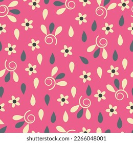 Dainty floral seamless surface pattern design. Aesthetic bunch of blooming scandi wildflowers. Allover printed flowery texture with pink background. Exquisite tileable floral arrangement. 