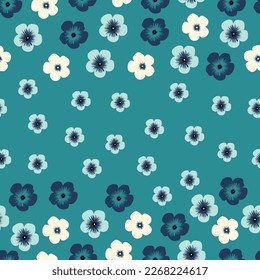 Dainty floral seamless surface pattern. Aesthetic bunch of blooming blue scandi wildflowers. Allover printed flowery texture. Exquisite tileable floral arrangement. Continuous greenery pattern.