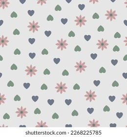 Dainty floral seamless surface pattern design. Aesthetic bunch of blooming scandi flowers and hearts. Allover printed romantic flowery textured background. Exquisite tileable floral arrangement. 