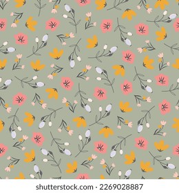 Dainty floral seamless surface pattern design. Aesthetic bunch of blooming scandi wildflowers, leaves and seeds. Allover flowery texture with blue background. Exquisite tileable floral arrangement. 