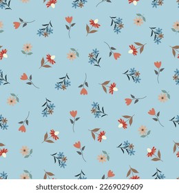 Dainty floral seamless surface pattern design. Aesthetic bunch of blooming scandi wildflowers and leaves. Allover flowery texture with blue background. Exquisite tileable floral arrangement. 