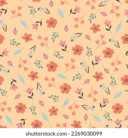 Dainty floral seamless surface pattern. Aesthetic bunch of blooming scandi wildflowers and leaves. Allover printed flowery texture. Exquisite tileable floral arrangement. Continuous greenery pattern.