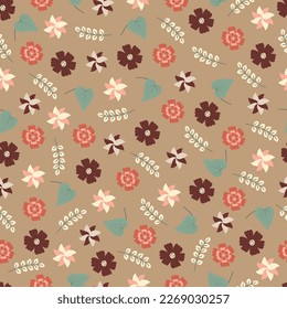 Dainty floral seamless surface pattern design. Aesthetic bunch of blooming scandi wildflowers and leaves. Allover flowery texture with blue background. Exquisite tileable floral arrangement. 