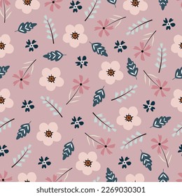 Dainty floral seamless surface pattern. Aesthetic bunch of blooming scandi wildflowers and leaves. Allover printed flowery texture. Exquisite tileable floral arrangement. Continuous greenery pattern.