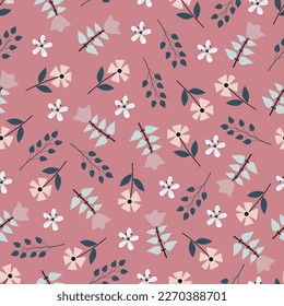 Dainty floral seamless surface pattern. Aesthetic bunch of blooming scandi wildflowers and leaves. Allover printed flowery texture. Exquisite tileable floral arrangement. Continuous greenery pattern.