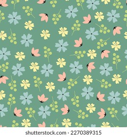 Dainty floral seamless surface pattern design. Aesthetic bunch of blooming scandi wildflowers, leaves and seeds. Allover flowery texture with blue background. Exquisite tileable floral arrangement. 