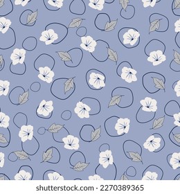 Dainty floral seamless surface pattern. Aesthetic blooming scandi wildflowers and funly circles. Allover flowery textured background. Exquisite tileable floral arrangement. Continuous flowery pattern.