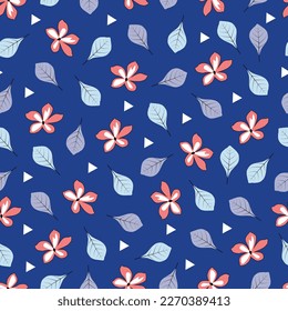 Dainty floral seamless surface pattern design. Aesthetic blooming scandi wildflowers, leaves and triangles. Allover flowery geometric textured background. Exquisite tileable flower arrangement. 