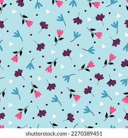 Dainty floral seamless surface pattern design. Aesthetic blooming scandi wildflowers, leaves and polka dots. Allover flowery geometric textured background. Exquisite tileable flower arrangement. 