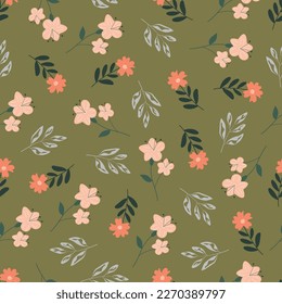 Dainty floral seamless surface pattern. Aesthetic bunch of blooming scandi wildflowers and leaves. Allover printed flowery texture. Exquisite tileable floral arrangement. Continuous greenery pattern.