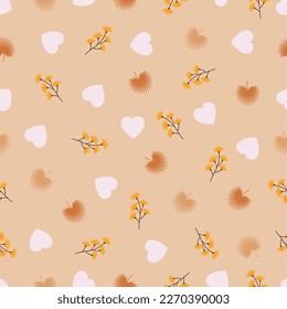 Dainty floral seamless surface pattern design. Aesthetic bunch of blooming scandi wildflowers, leaves and hearts. Allover flowery romantic textured background. Exquisite tileable floral arrangement. 