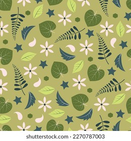 Dainty floral seamless surface pattern. Aesthetic blooming scandi wildflowers, stars and leaves. Allover geometric flowery texture. Exquisite tileable floral arrangement. Continuous greenery pattern.