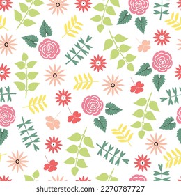 Dainty floral seamless surface pattern. Aesthetic bunch of blooming scandi wildflowers and leaves. Allover printed flowery texture. Exquisite tileable floral arrangement. Continuous greenery pattern.