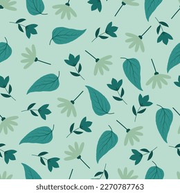 Dainty floral seamless surface pattern design. Aesthetic bunch of blooming scandi wildflowers and leaves. Allover flowery texture with blue background. Exquisite tileable floral arrangement. 