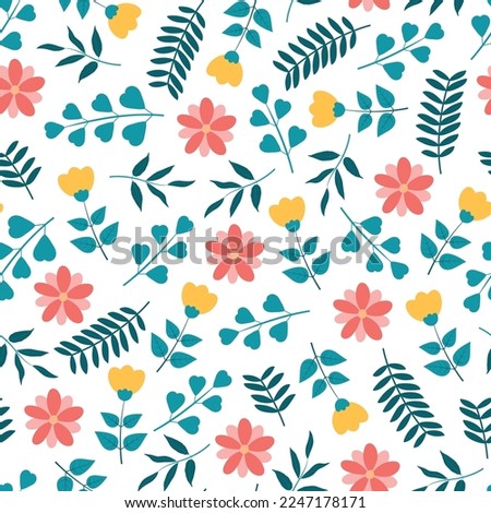 Dainty floral seamless surface pattern. Aesthetic bunch of blooming wildflowers and leaves. Allover printed flowery texture. Exquisite tileable floral arrangement. Continuous greenery pattern design. Stockfoto © 