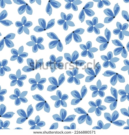 Dainty floral seamless surface pattern. Aesthetic bunch of blooming blue scandi wildflowers. Allover printed flowery texture. Exquisite tileable floral arrangement. Continuous greenery pattern.