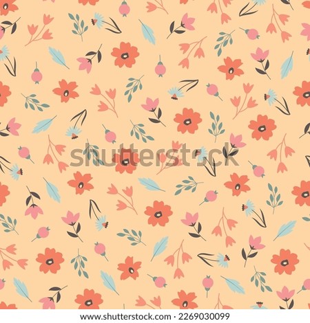 Dainty floral seamless surface pattern. Aesthetic bunch of blooming scandi wildflowers and leaves. Allover printed flowery texture. Exquisite tileable floral arrangement. Continuous greenery pattern.