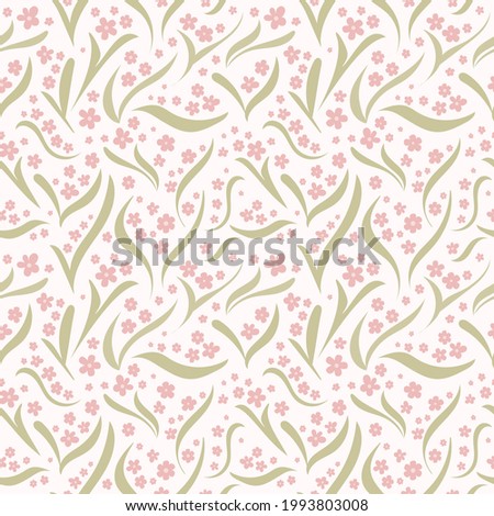 Dainty floral seamless vector pattern. Vintage style design with green leaves and light pink flowers on a pale background. Hand drawn illustration with flowing elements. Repeat wallpaper texture print