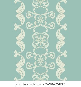 Dainty Grand Whitework Knit Embroidery Border Pattern with Ivory Ornament on Green Jade Background. Classic Medieval Baroque European Style for Luxury Decoration Wallpaper Lace Bedding Handicraft Tile