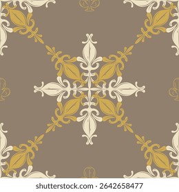 Dainty Grandiose Beautiful Tiles Floor Decoration with Luxury Ornament Brown White on Brown Background. Renaissance Old Money Seamless Pattern Damask Royal Style Embroidery Mosaic Ceramic Textile Lace