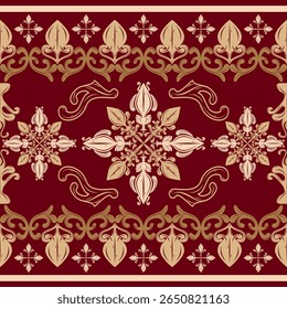 Dainty Gypsy Bohemian Florais Com Ornamento Real Inspirado Antigo Luxo Vibe Expressão com ouro no fundo vermelho Maroon. Magnífica ilustração caprichosa barroco para alta decoração de design de alta costura
