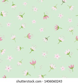 Dainty Pink Flower Design On Mint Background, Cute Floral Pattern, Seamless Pattern Flower Design, Pink Flower Heads Pattern