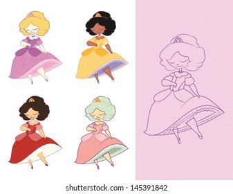 Dainty Princess Character Vector Illustration with Color Variations and Line Art