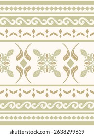 Dainty Royal Scroll Ornament Florals Border with Pale Olive Green Gold on Cream Background. Victorian Medieval Luxury Glamorous Pattern for Embroidery Silk Decoration Wallpaper Interior Apparel Scarf 