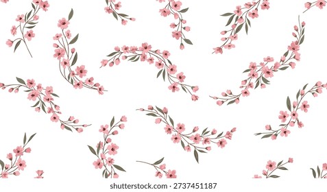 Dainty seamless pattern with small pink flowers on thin branches and green leaves on white background for spring.