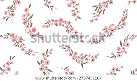 Dainty seamless pattern with small pink flowers on thin branches and green leaves on white background for spring.