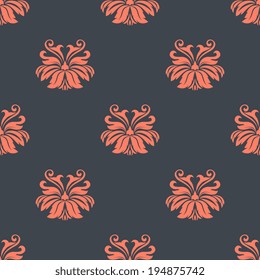 Dainty vintage damask style pattern with floral motifs in an salmon pink on a dark grey ground, seamless pattern