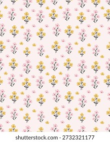 Dainty wildflower seamless pattern with pink and yellow flowers on light background