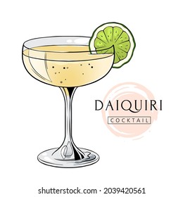 Daiquiri cocktail, hand drawn alcohol drink with lime slice. Vector illustration on white background