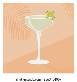 Daiquiri Cocktail in martini glass garnished with lime slice. Retro card of summer aperitif. Square poster with alcoholic beverage and tropical palm tree shadow on background. Vector flat illustration