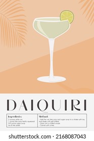 Daiquiri Cocktail in martini glass garnished with lime slice. Retro print of summer aperitif recipe. Wall art poster with alcoholic beverage and tropical palm tree shadow on background. Vector.