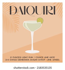 Daiquiri Cocktail in martini glass garnished with lime slice. Retro card of summer aperitif recipe. Wall art square banner with alcoholic beverage and tropical palm tree shadow on background. Vector