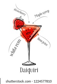 Daiquiri Cocktail Recipe Description With Ingredients. Vector Colorful Sketch Outline Hand Drawn Illustration On White Background