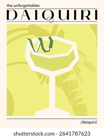 Daiquiri cocktail. Vector illustration of summer alcoholic drink garnished with lime. Poster with tropical refreshing cocktail. Contemporary poster for bar, restaurants and menu.