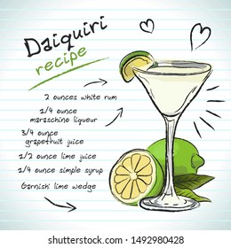 Daiquiri cocktail, vector sketch hand drawn illustration, fresh summer alcoholic drink with recipe and fruits	
