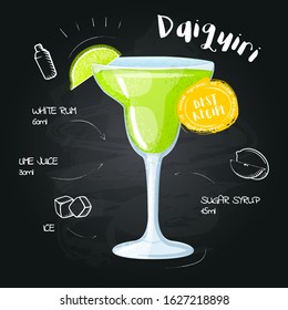 Daiquiri. Drawn cocktail - instruction for making a drink at the bar. Image in a cartoon style  on a black chalkboard with a set of ingredients. Vector illustration