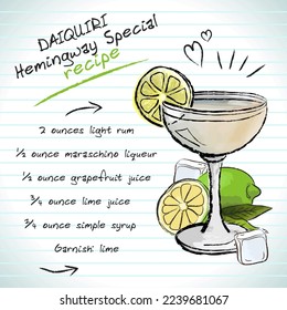 Daiquiri hemingway cocktail, vector sketch hand drawn illustration, fresh summer alcoholic drink with recipe and fruits