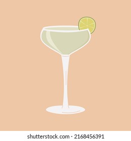 Daiquiri or Margarita Cocktail in martini glass garnished with lime slice. Summer aperitif. Minimal design for home decor or bar menu. Alcoholic beverage isolated on background. Vector illustration.