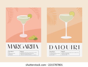 Daiquiri and Margarita Cocktail in martini glass with lime slice and salt garnishes. Print of summer aperitif recipe. Wall art poster with alcoholic beverage and palm shadow on background. Vector.