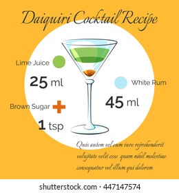 Daiquiri receipt. Daiquiri bartender cocktail vector receipt poster