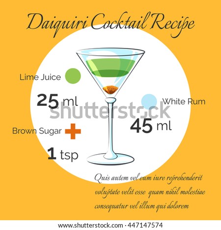 Daiquiri receipt. Daiquiri bartender cocktail vector receipt poster