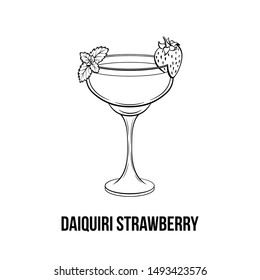 Daiquiri strawberry vector hand drawn illustration. Alcoholic fruity cocktail with berry on glass. Monochrome strong drink, beverage glassware ink drawing. Bar menu, poster design element
