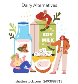 Dairy Alternatives concept. Illustration of soy and almond milk as plant-based substitutes. Individuals interacting with non-dairy products. Vector illustration.