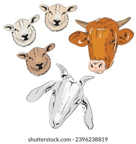 Dairy animal head portraits, set of stylized vector symbols of various shapes and colors. Sheep, cow and goat. For packaging, cards, textiles and decoration of dairy products.